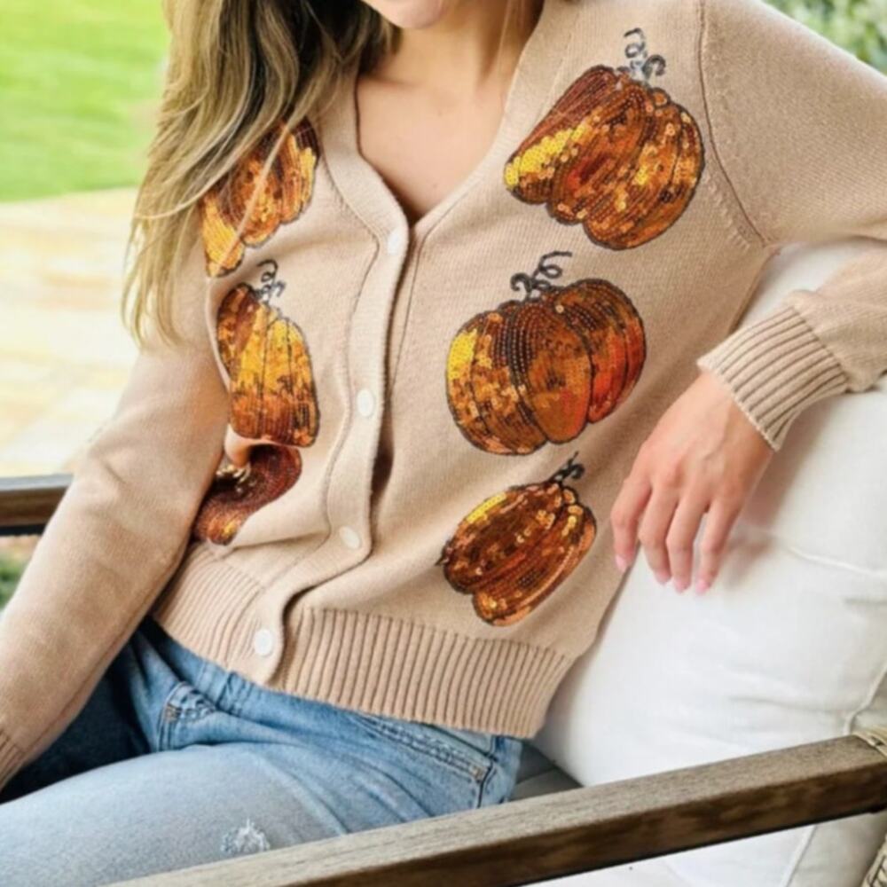 Simply Southern Pumpkin Sequin Cardigan NWT Women's Large Fall Sweater - Picture 2 of 8